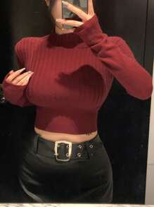 Dazy Star 1pc Women Solid Stand Collar Ribbed Slim Fit Long Sleeve Sweater,Long Sleeve Tops Crop Women Tops Fall - Burgundy - View 5