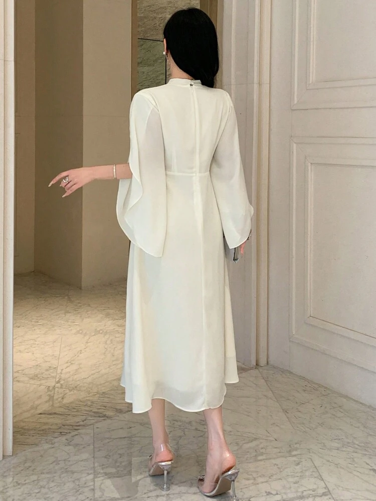 Women's Elegant V-Neck Pleated Chiffon Mid-Length Dress, Suitable For Wedding Guests, Spring/Fall Prom Dress Elegant Sundress, Formal Women Dresses Long Sleeve Dress