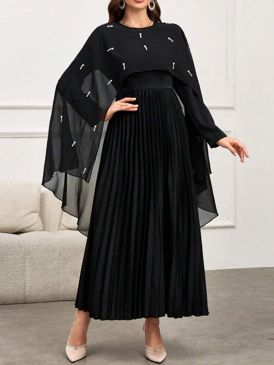 Modelyn 2 件套女士优雅仿珍珠装饰披肩和高腰褶边连衣裙套装，适合秋季 2 件套 - 黑色 - 查看 1