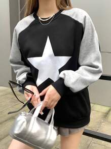 INAWLY Women Autumn/Winter Casual Colorblock Star Print Sweatshirt
