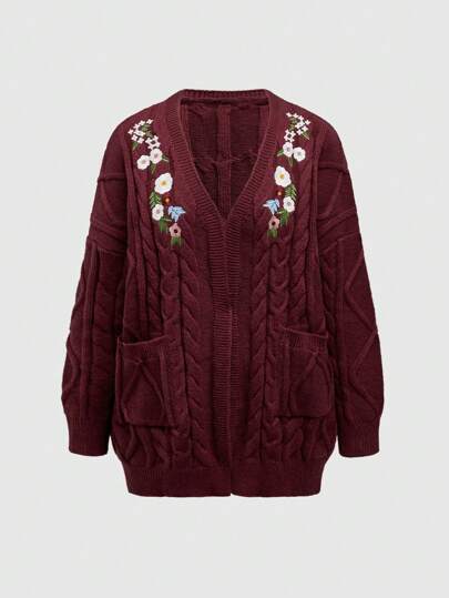 J-Fashion Blouse à manches longues casual avec poche et broderie florale pour femmes, porter au quotidien