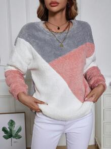 SHEIN LUNE Color Block Drop Shoulder Fuzzy Sweatshirt Asymmetrical Top In Fall/Winter