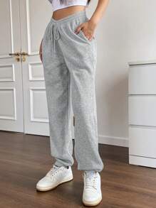 Flirla Solid Drawstring Waist Slant Pocket Sweatpants Fall Cloth For Women - Grey - View 3