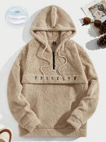 Manfinity VCAY 男士拉链细节抽绳法兰绒连帽衫蓬松字母长袖加厚连帽衫卡其色休闲羊羔绒连帽衫，适合朋友、丈夫、男朋友的礼物，适合秋冬 - 卡其色 - 查看 1