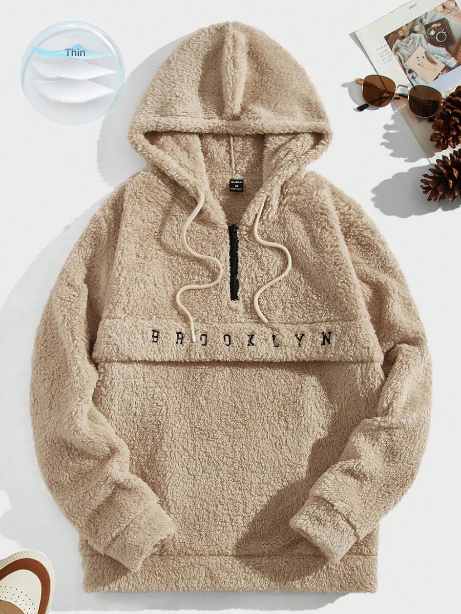 Manfinity VCAY 男士拉链细节抽绳法兰绒连帽衫蓬松字母长袖加厚连帽衫卡其色休闲羊羔绒连帽衫，适合朋友、丈夫、男朋友的礼物，适合秋冬 - 卡其色 - 查看 1