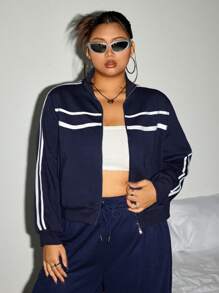 SHEIN ICON 大码女式海军蓝撞色白色运动衫 - 藍色 - 查看 1