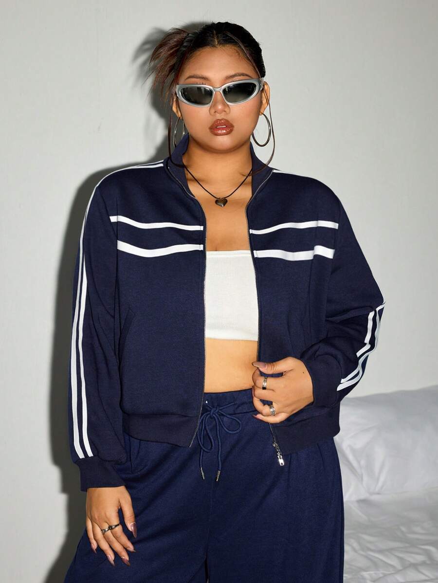 SHEIN ICON 大码女式海军蓝撞色白色运动衫 - 藍色 - 查看 1