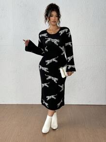 Flirla 大码女式豹纹喇叭袖针织休闲优雅毛衣连衣裙，适合冬季 - 彩色 - 查看 4