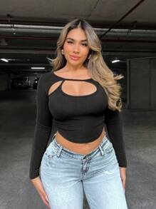 Zolique Women's Sexy Off Shoulder Solid Color Hollow Out Fitted Cropped Long Sleeve T-Shirt, Street Fashion Style