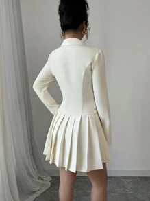 Elenzga 女士翻领长袖双排扣褶边优雅杏色连衣裙 - 杏色 - 查看 2