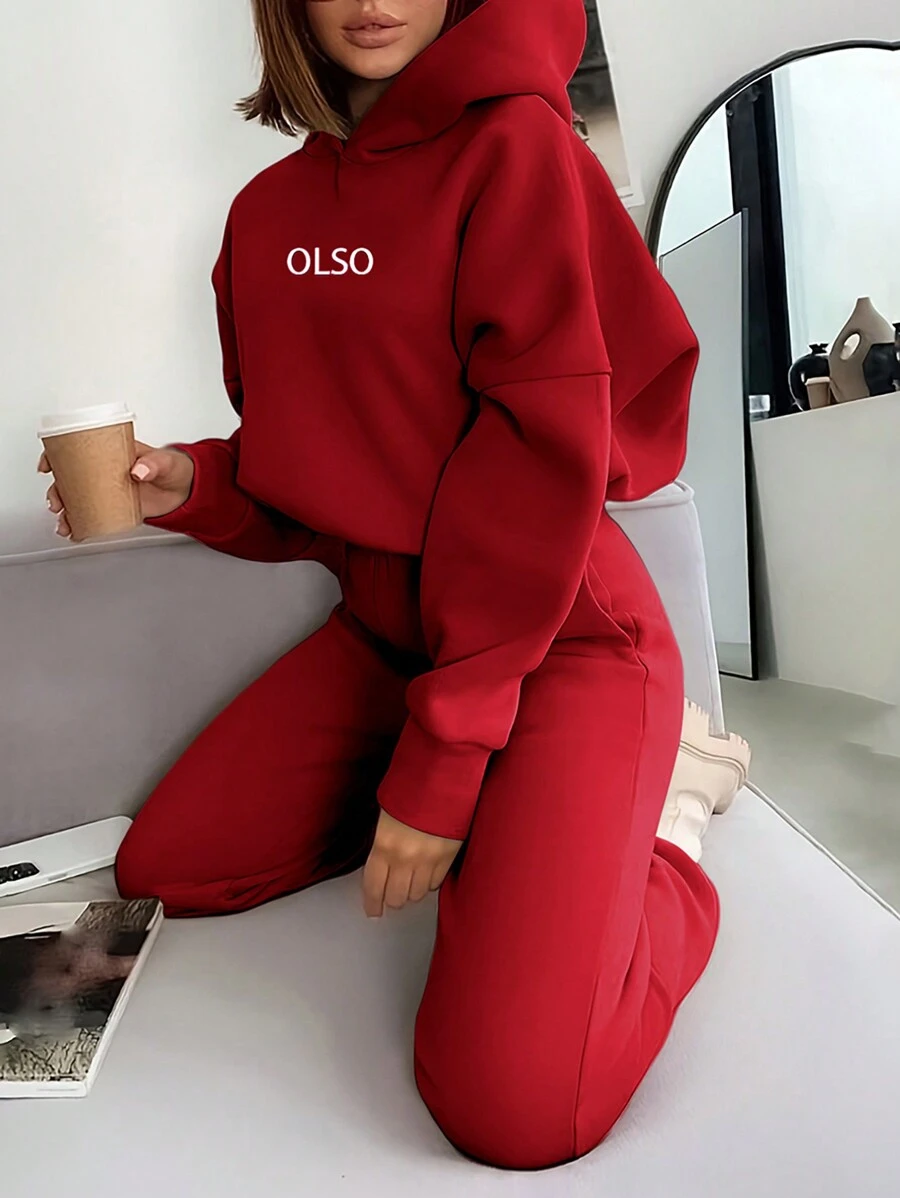INAWLY 2pcs Women Casual Hooded Pullover Sweatshirt & Drawstring Waist Pocket Sweatpants Set - Red - View 1