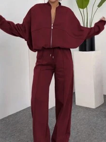 INAWLY 2 件套女士休闲拉链蝙蝠袖夹克和阔腿裤套装，秋季 - 酒紅色 - 查看 3