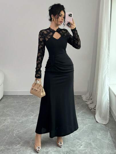 Modelyn Vestido largo y elegante de punto negro con encaje de contraste de manga larga, ajustado, vestido de noche largo para mujer