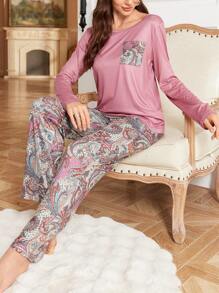 SHEIN 纯色佩斯利花纹优雅女士睡衣套装，冬季服装 - 彩色 - 查看 6
