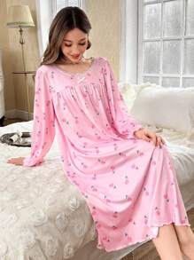 CottageSlumber 蕾丝边碎花浪漫女士睡裙，娃娃裙，适合夏季、秋季、冬季穿着。 - 粉色 - 查看 2