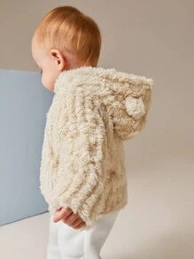 SHEIN Toddler Girls/Boys' Cute Horn Button Winter Warm Hooded Plush Jacket Outerwear - White - View 3