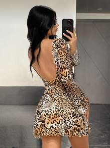SHEIN ICON Y2k Sexy Long Sleeve Backless Holiday Leopard Print Mesh Thanksgiving Party Mini Dress - Multicolor - View 7