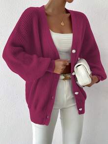 SHEIN LUNE 女式纯色落肩长袖单排扣休闲开衫，秋冬 - 乾枯玫瑰色 - 查看 6