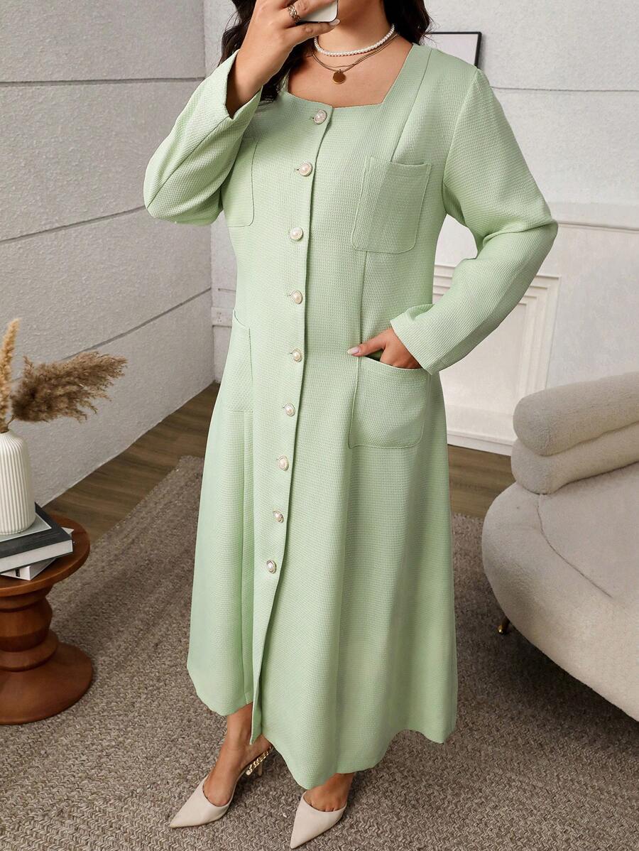 Flirla Robe longue pour femmes grandes tailles élégante, avec col carré, patchwork de couleurs, poches et boutons devant. Convient pour le printemps/l'automne - Vert - Voir 1