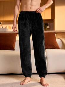 Pantalones de estar por casa de hombre de unicolor con cintura elástica de felpa, para otoño e invierno, esponjosos