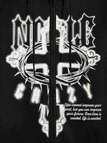 ROMWE MEN Men's Front Zip Up Letter Print Hooded Casual Sweatshirt - Black - View 4