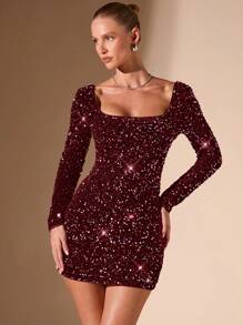 SHEIN BAE Black Solid Color Party Sexy Outfit/Date Night/Bachelorette Party/Musical Costume/Cocktail Short Dress/Halloween Dress/Gorgeous And Exquisite Colorful Night Glitter Sequined Square Neck Backless Cross Strap Mini Dress/Black Homecoming Dress/Club Women Outfits/ Velvet Sequined Dress