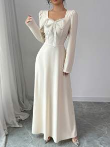 Modelyn 1pc Women Apricot Elegant Knit Faux Pearl Bowknot Waist A-Line Long Sleeve Dress Maxi Women Outfit Long Evening Dresses - Apricot - View 5