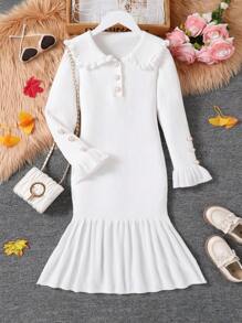 Ruffle Collar Knit Mini Dress, Elegant Commuter White Ruffled Bell Sleeve Knit Dress, Warm & Comfortable For Winter - White - View 1