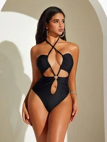 Swim SXY Đồ bơi liền mảnh gợi cảm màu trơn kim loại mới cho nữ mùa hè - màu đen - Xem 8