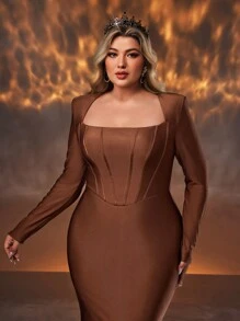 Glamrae 加大码优雅简约深棕色方领垫肩长袖紧身高腰修身鱼尾长礼服、婚礼宾客礼服、派对礼服、晚礼服、长袍 - 棕色 - 查看 4