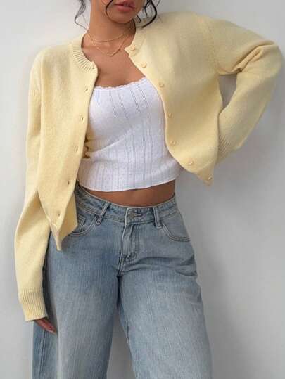 SHEIN Tall CURVE Plus Size Casual Solid Color Round Neck Long Sleeve Loose Cropped Women Yellow Sweater Cardigan, Fall Autumn,Spring,Valentine's Day,Casual