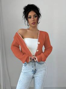 Elenzga Women Casual Contrast Color Ruffle Trim Cardigan, Autumn Fall Cloth For Women - Orange - View 3