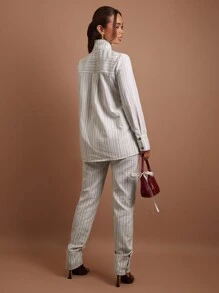 COSMINA 2 Pieces Women Casual Striped Lapel Neck Long Sleeve Jacket And Pants Set For Autumn