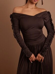 COSMINA Women Solid Color Off-Shoulder Ruffle Elegant Long Sleeve Dress - Coffee Brown - View 2