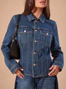 Forever 21 Winter Turndown Collar, Cinched Waist, Retro Washed High Street Long Sleeve Denim Jacket, For Commuting, New Winter Turndown Collar Deep Blue Washed Casual High Street Button Denim Long Sleeve Jacket New Years Eve New Years Y2k Clothes - Blue - View 2
