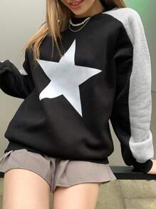 INAWLY Women Autumn/Winter Casual Colorblock Star Print Sweatshirt