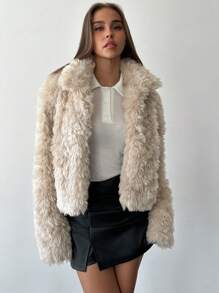 Aloruh Minimalist Apricot Short Fluffy Lapel Long Sleeve Fitted Jacket, Outdoor Warm Wear, Autumn/Winter