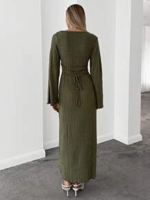SHEIN Essnce Square Neck Trumpet Sleeve Lettuce Trim Bodycon Dress