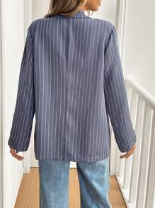 SHEIN Frenchy 女士条纹翻领长袖休闲西装外套，秋季，商务休闲女装，复古，优雅女装，正式女装连衣裙，优雅秋季女装连衣裙，派对服装圣诞服装约会服装派对服装万圣节服装 - 彩色 - 查看 2