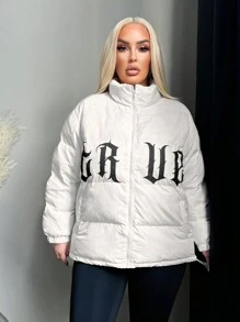 SHEIN SXY Plus Size Women Gothic Letter Print  Coat, Warm For Autumn/Winter - Beige - View 4