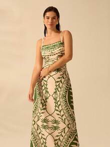 CAJUNI 女士波西米亚风绿色椰子树印花镂空腰后绑带无袖连衣裙，假日休闲夏装