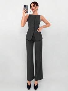 Aloruh 2Pcs Women Khaki Notch Lapel Faux Pocket Decor Blazer Suit Vest And Pants Office Outfit, Autumn/Winter