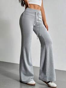 SHEIN EZwear Pantalones de chándal acampanados con cintura ajustable con cordón para actividades al aire libre en verano