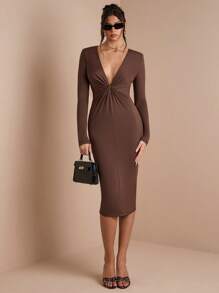 SHEIN BAE 秋冬纯棕咖啡色优雅性感深 V 领长袖扭纹褶皱中长连衣裙，适合鸡尾酒会、浪漫约会、分层搭配、派对、正式场合、夜间外出、婚礼嘉宾、万圣节、圣诞节 - 棕色 - 查看 1