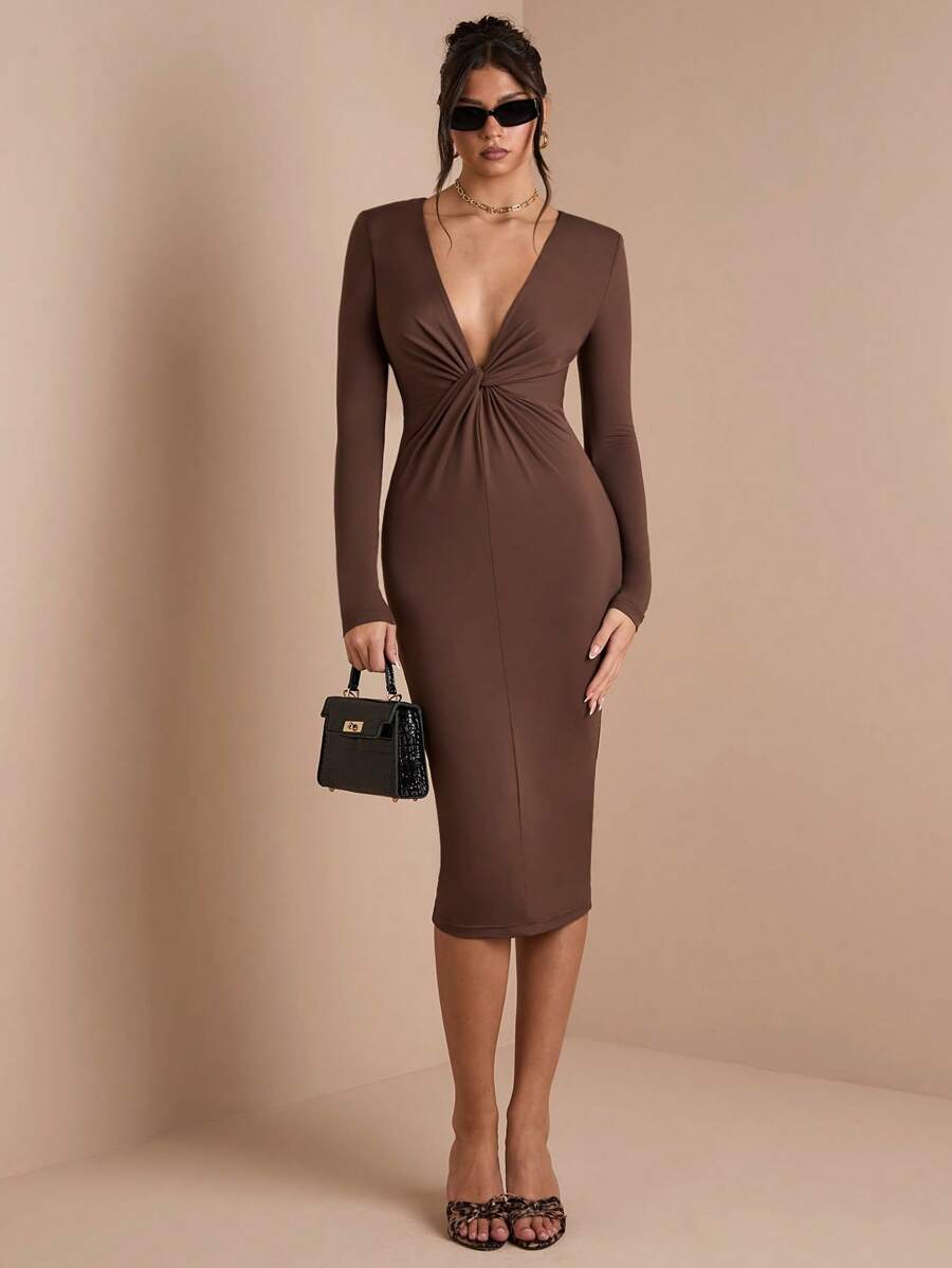 SHEIN BAE 秋冬纯棕咖啡色优雅性感深 V 领长袖扭纹褶皱中长连衣裙，适合鸡尾酒会、浪漫约会、分层搭配、派对、正式场合、夜间外出、婚礼嘉宾、万圣节、圣诞节 - 棕色 - 查看 1