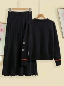 Franclia 2pcs/Set Women Contrast Color Loose Elegant Suit, Autumn Knit Sweater Top And Skirt Sets
