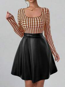 Chiquease Women's Autumn Fashion Splicing Houndstooth Pattern Waist Cinched Dress - Brown - View 1