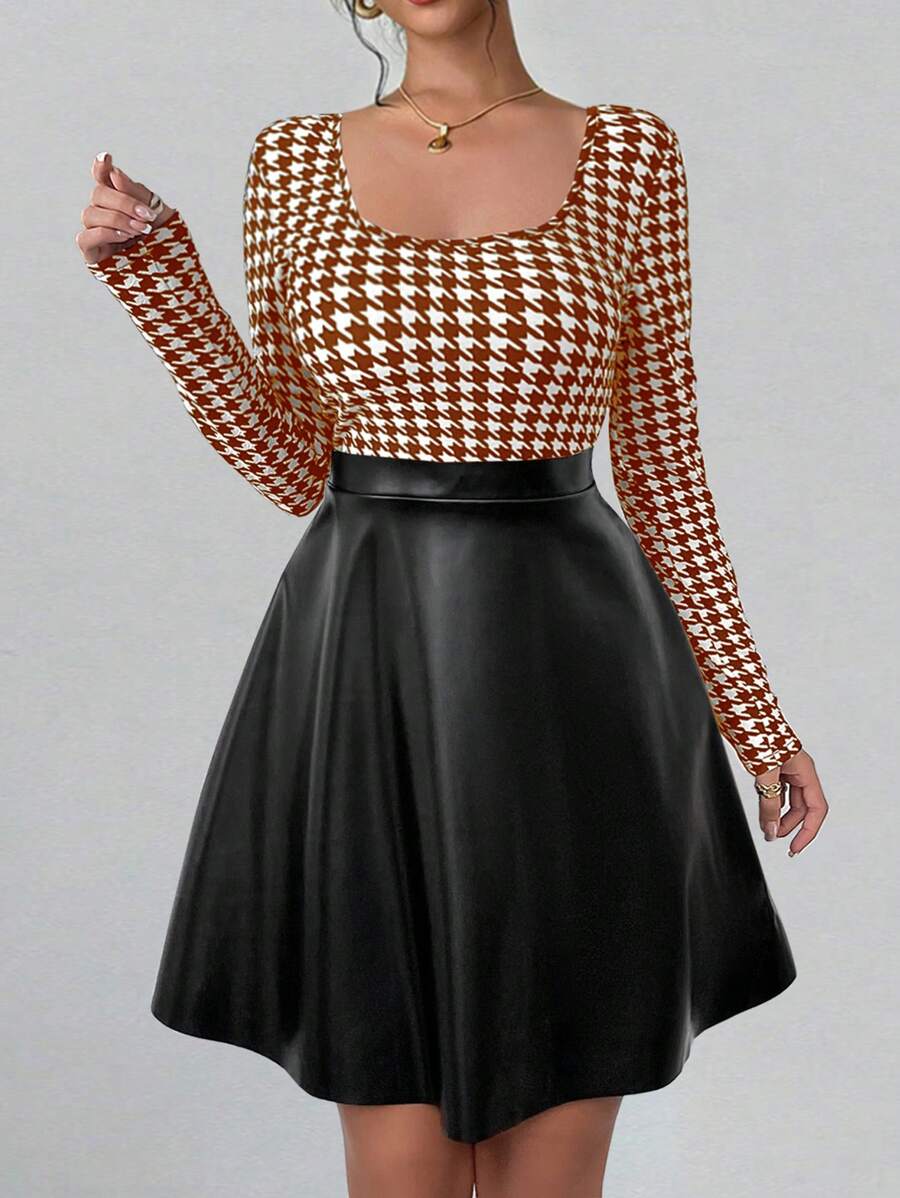 Chiquease Women's Autumn Fashion Splicing Houndstooth Pattern Waist Cinched Dress - Brown - View 1