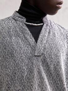 AKNOTIC 2pcs Men's Metallic Silver Glitter Patchwork Polo Collar Short Sleeve T-Shirt Set,Summer Rave Techno Party Wear With Metal Accessory - Silver - View 1