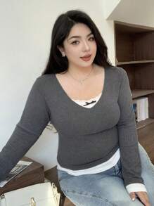 Dazy Plus Plus Size Contrast Color Lace Bow Decor V-Neck Slim Fit Tee Shirt, Suitable For Spring, Summer, Autumn, Back To School Clothes Long Sleeve Women Tops,Fall Women Clothes